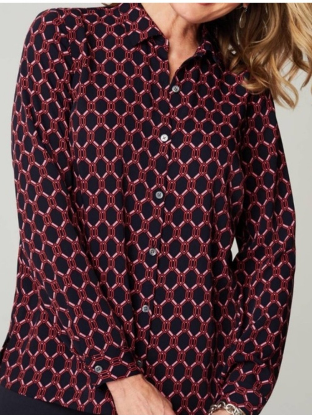 J. Jill Navy Button-Down Shirt with Pink Geometric Chain Print